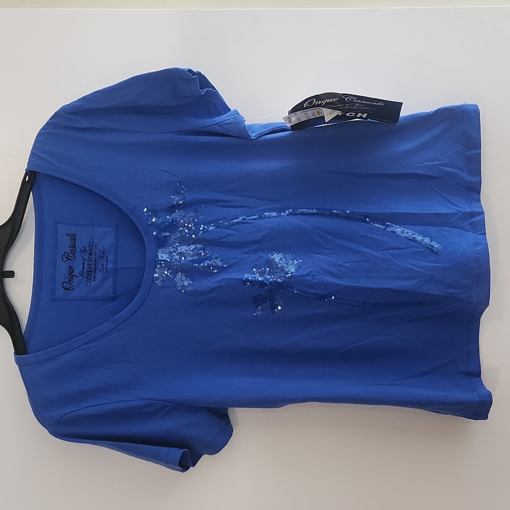 Ladies Lapis Blue Xlge stretch short sleeve top with two sequened palm trees